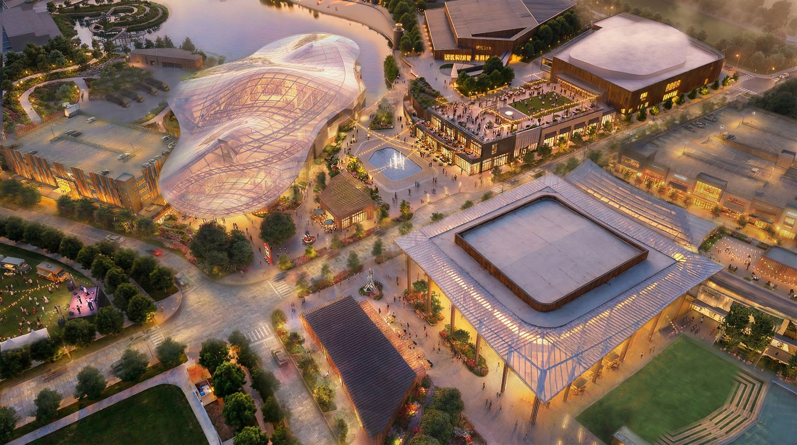 Aerial rendering of the Concert Pavilion and surrounding district