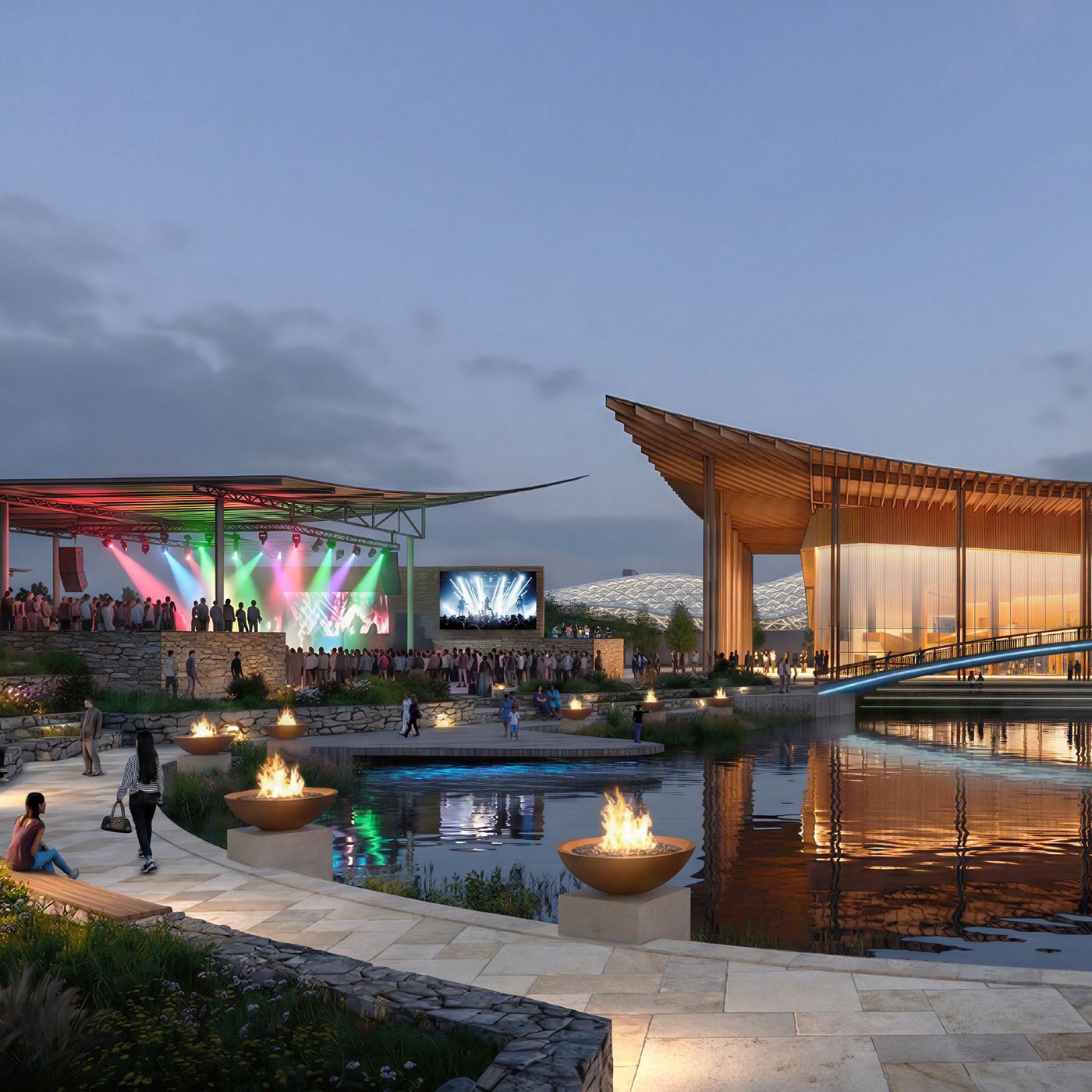 Evening rendering of an outdoor stage and waterside gathering space at Velocity